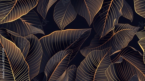 Tropical leaf wallpaper with luxury nature leaves pattern. Golden banana leaf line arts, hand-drawn outline design for fabric, print, covers, banners, and invitations. Vector illustration