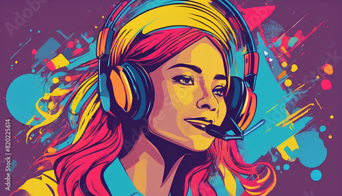 A girl at the computer in headphones  picture.