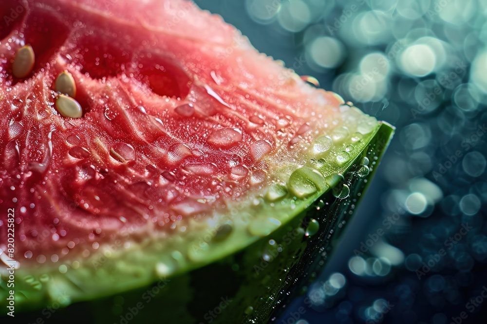 Juicy watermelon slice with fresh droplets, bokeh background Juicy watermelon slice with fresh droplets, bokeh background