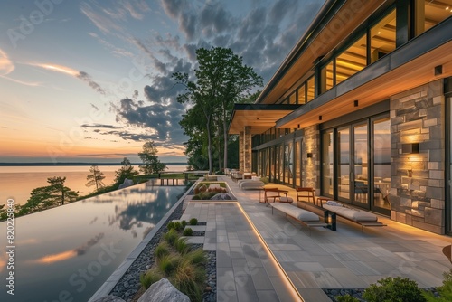   A sophisticated lakeside retreat with a modern design  featuring extensive use of natural stone and wood  with large terraces offering uninterrupted views of the serene  mirror-like lake.