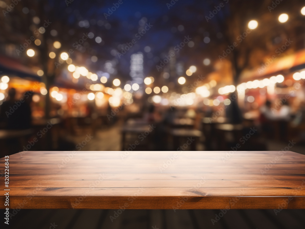 Display products showcased on a wooden counter in a bustling market Display products showcased on a wooden counter in a bustling market