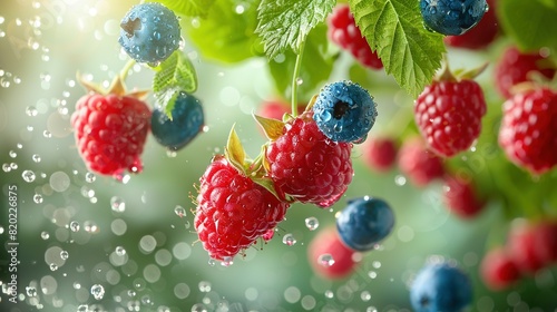   Raspberries, blueberries, and water droplets dangle on a leafy branch photo