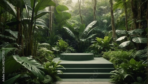 Podium Pedestal in Tropical Forest Garden with Green Plants. Nature and Organic Cosmetic and Food Presentation Theme. Natural Product Placement Display  Spring Summer Concept