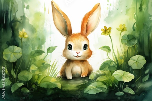 Watercolor illustration of rabbit in forest.