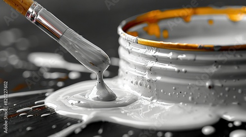  A close-up of a paintbrush dipping into a bowl of water, with droplets splashing on the edge