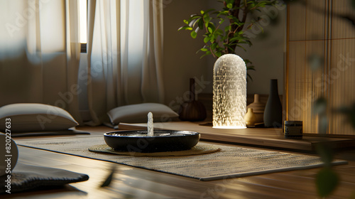 A zen meditation man cave with minimalist decor a tranquility fountain and mats for meditation and yoga. photo