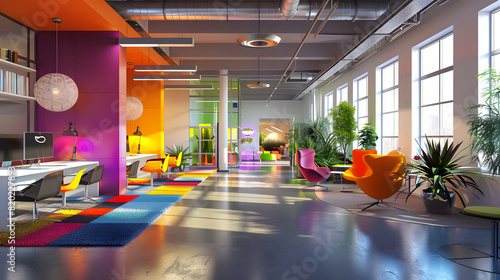 Contemporary open-plan office with vibrant colors. photo