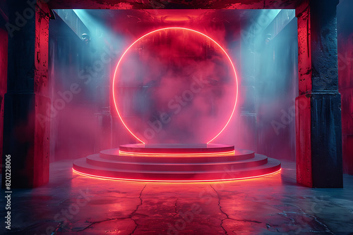 A sleek 3D podium with vibrant neon lighting effects, perfect for showcasing products or presentations in a modern and futuristic style © Evhen Pylypchuk