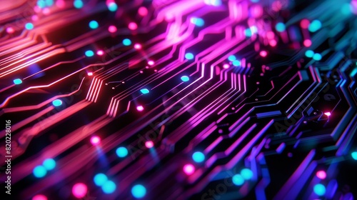 Close-up of a glowing circuit board with vibrant neon lights in red, pink, and blue, illustrating modern technology and futuristic design.