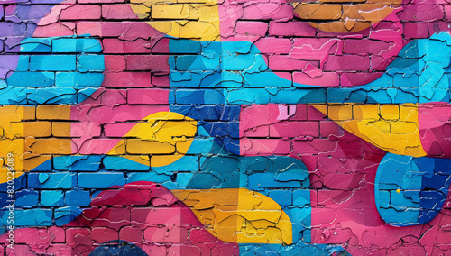 Abstract graffiti pattern on a brick wall in pink, blue and yellow colors. 