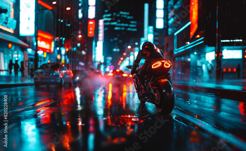 A futuristic motorcycle rider in full gear riding through a neon-lit city street at night, with reflections on the wet pavement, capturing the essence of urban adventure and modern technology