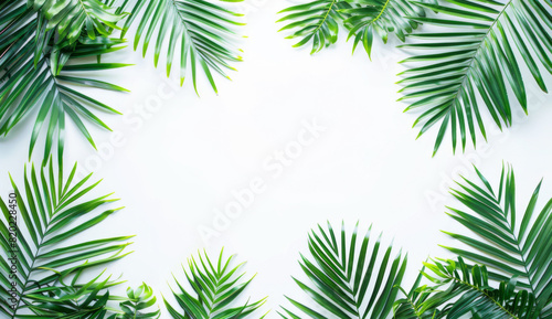 Palm leaves on a white background, tropical foliage for a summer nature concept. An isolated palm tree border frame in the style of foliage. Copy space for text and design.