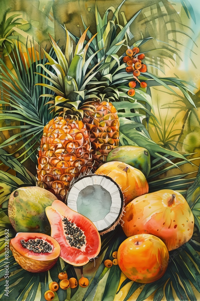 Fototapeta premium Tropical Fruits Arrangement with Pineapple, Papaya, and Coconut