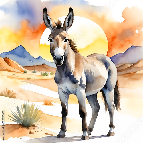 Watercolor donkey illustration  with desert landscape