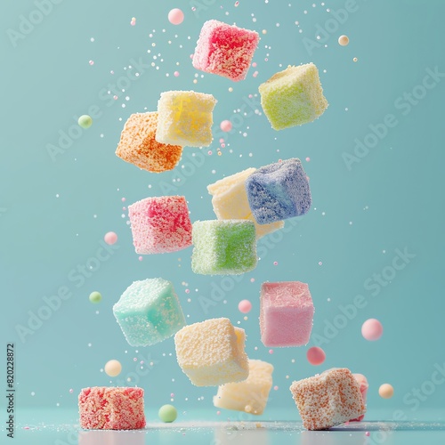 Take a photo of colorful gummy bears falling in front of a blue background. Make sure the focus is on the gummy bears and they are evenly distributed throughout the frame.