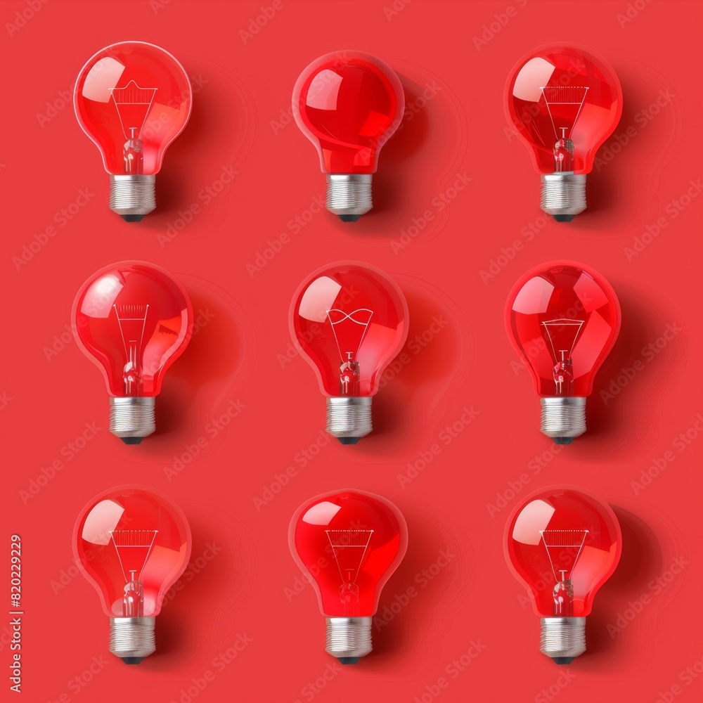 Red light bulbs, lamp icon set, lightbulbs isolated, render style minimal light bulbs, creativity idea Red light bulbs, lamp icon set, lightbulbs isolated, render style minimal light bulbs, creativity idea