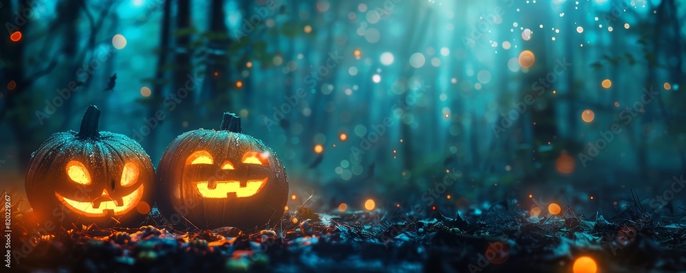 Two glowing jack-o'-lanterns in a dark, enchanted forest setting with vibrant autumn leaves and magical lights in the background. Two glowing jack-o'-lanterns in a dark, enchanted forest setting with vibrant autumn leaves and magical lights in the background.
