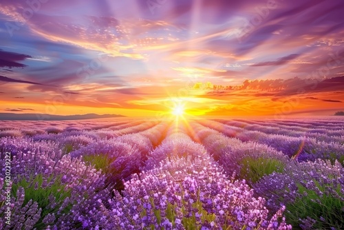 Blooming Lavender Field under a Vibrant Sunset Sky
