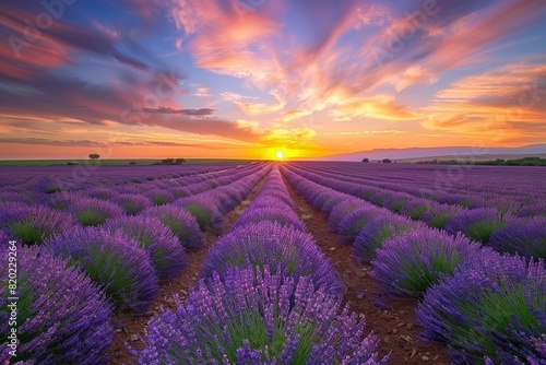 Blooming Lavender Field under a Vibrant Sunset Sky