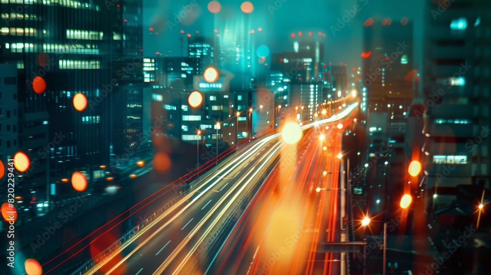 Vibrant cityscape at night with light trails from traffic, blurred by long exposure, showcasing urban energy and motion. Vibrant cityscape at night with light trails from traffic, blurred by long exposure, showcasing urban energy and motion.