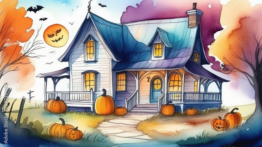 Halloween night with house and pumpkins, Halloween background. Halloween night with house and pumpkins, Halloween background.