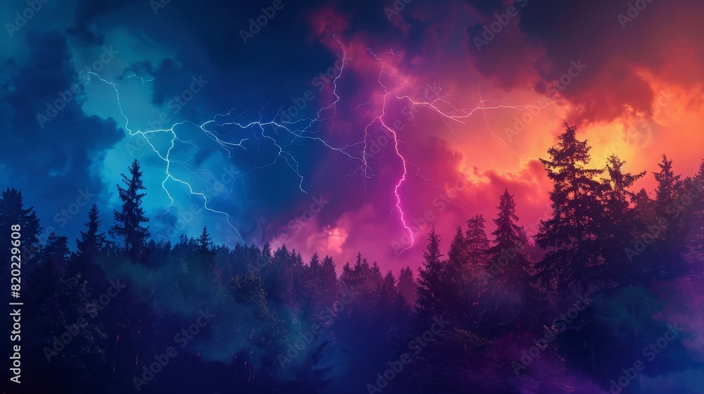 Vibrant lightning storm over a dark forest with dramatic colorful skies, showcasing nature's powerful and awe-inspiring beauty. Vibrant lightning storm over a dark forest with dramatic colorful skies, showcasing nature's powerful and awe-inspiring beauty.