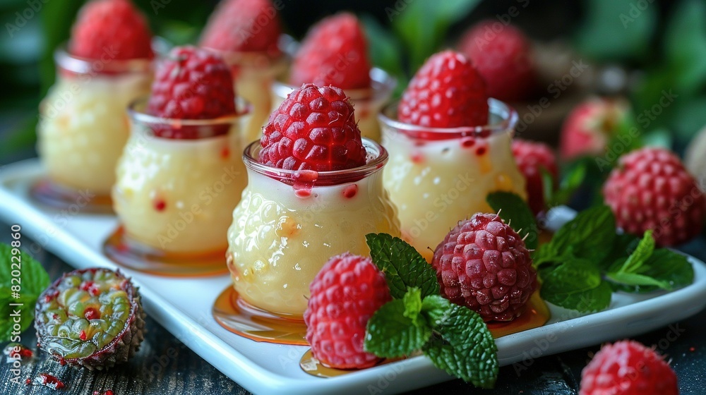 Small desserts with raspberries on a plate with mint leaves nearby Small desserts with raspberries on a plate with mint leaves nearby