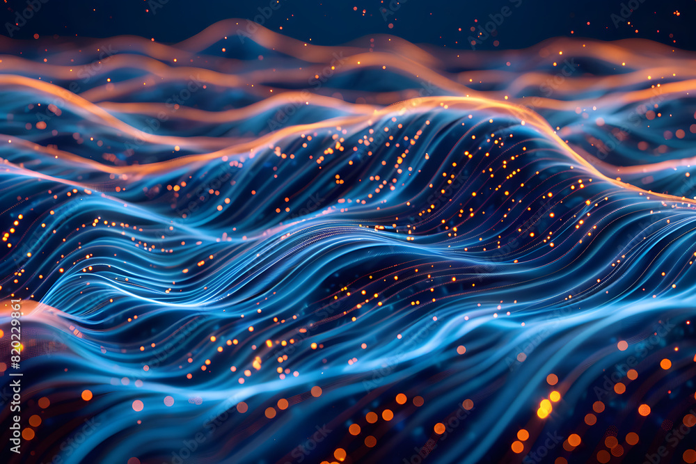 Abstract digital landscape with flowing blue waves and glowing orange ...