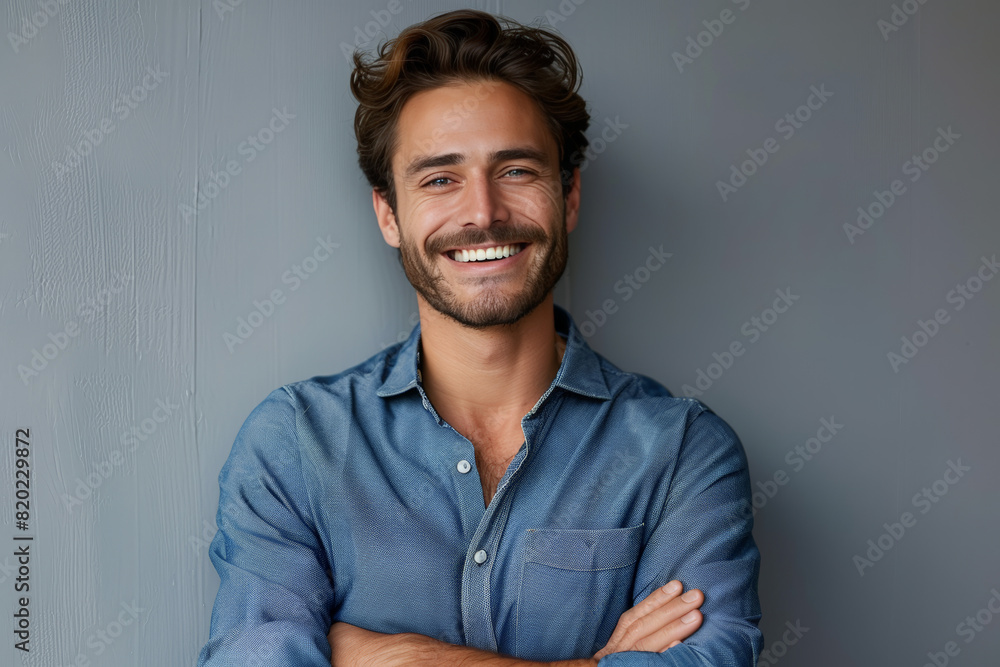 Obraz premium Handsome smiling business man in blue shirt isolated on gray background 