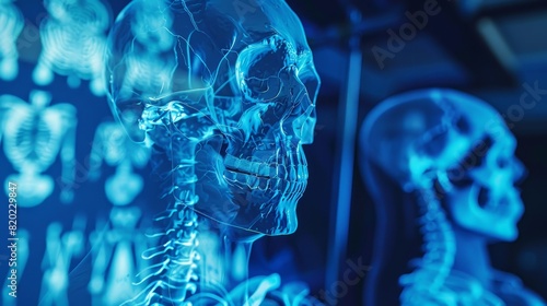 X-ray images of human skulls and spines illuminated by blue light, showcasing skeletal anatomy and medical imaging technology.