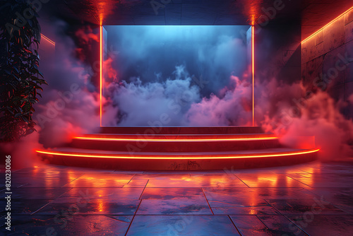 A futuristic 3D podium illuminated with vibrant neon lights  creating a striking and modern visual effect perfect for high-tech presentations or digital displays