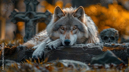  A wolf rests its head on a rock in front of a cemetery with crosses and skulls in the background