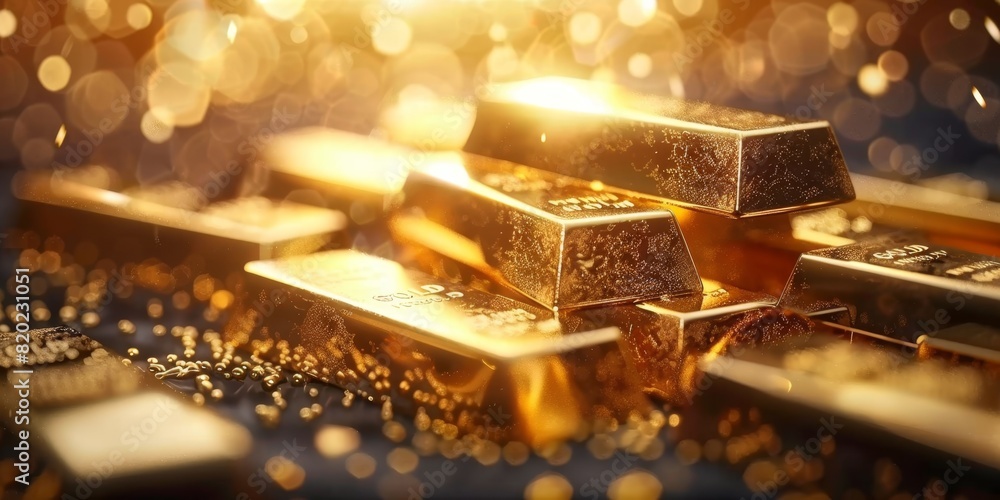 Stack of shiny gold bars on the golden reflect light background business and finance saving concept Stack of shiny gold bars on the golden reflect light background business and finance saving concept