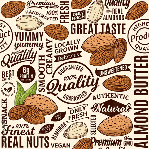 Typographic vector almond butter seamless pattern or background