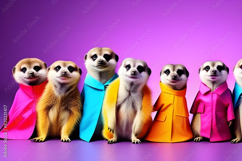 creative animal concept meerkat in a group vibrant bright fashionable outfits isolated on solid 