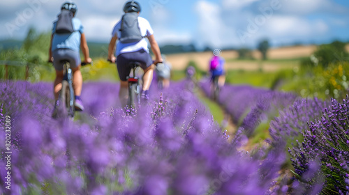 Cyclists on a guided tour through rolling lavender fields with the fragrance filling the air. photo