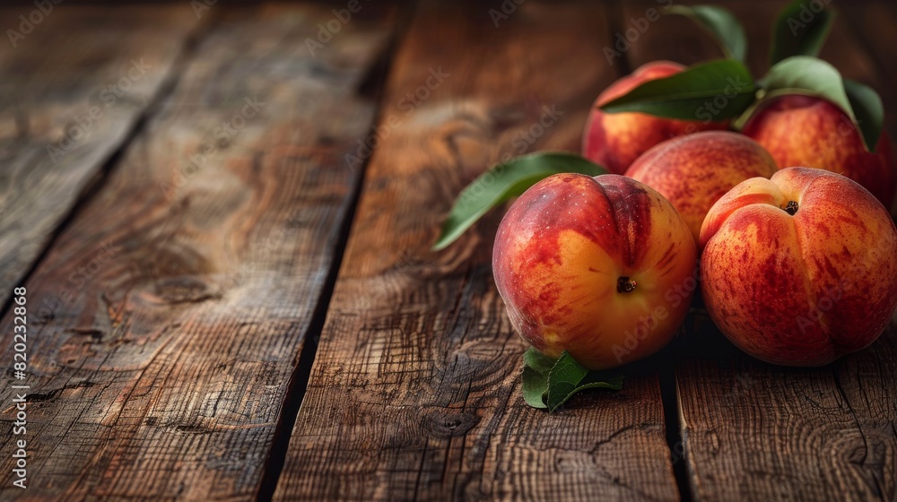 Juicy ripe peaches with fresh green leaves are arranged on an aged wooden surface, conveying a sense of rustic harvest Juicy ripe peaches with fresh green leaves are arranged on an aged wooden surface, conveying a sense of rustic harvest