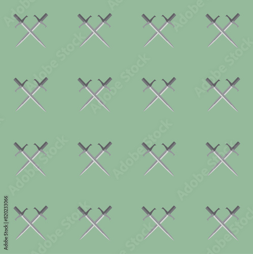 pattern with swords with a silver metal blade on the green background