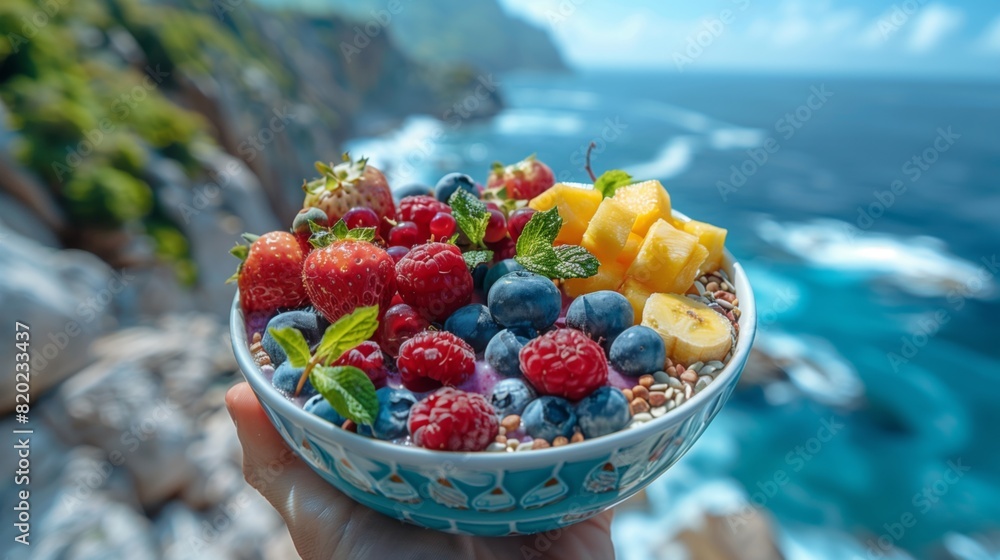 Smoothie bowl with berries and fruits by the sea Smoothie bowl with berries and fruits by the sea
