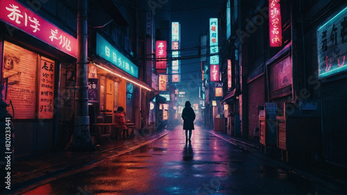  Anime style Night city life in neon vector illustration