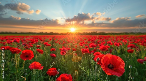   Red flowers filling a field as the sun sets during midday