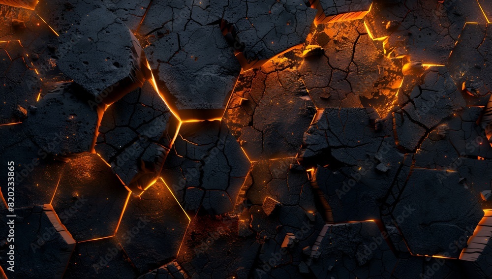 Abstract dark background with glowing hexagons, glowing light effect on black surface
Abstract dark background with glowing hexagons, glowing light effect on black surface