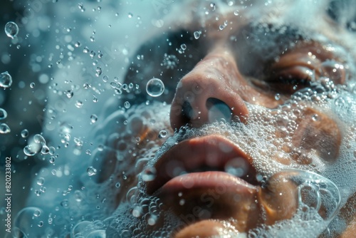 A closeup of a persons face covered in bubbles of water