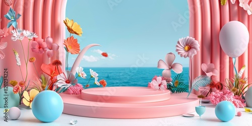 Summer podium background 3D product display beach cosmetic scene sale.