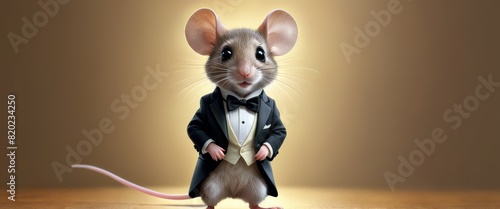 A charming illustration of a mouse dressed in a tuxedo, standing upright with a sweet expression, against a soft brown background. photo
