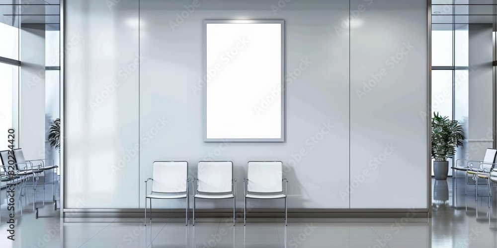 A mockup of an empty white poster on the wall in modern hospital waiting room with comfortable chairs and medical equipment. empty white blank poster on white wall in hospital, white board A mockup of an empty white poster on the wall in modern hospital waiting room with comfortable chairs and medical equipment. empty white blank poster on white wall in hospital, white board