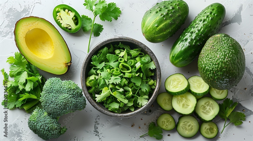 Variety of fresh green sliced vegetables on a grey-white table. Healthy diet products full of vitamins and antioxidants. Avocado, parsley, cucumber, broccoli, onion.
Variety of fresh green sliced vegetables on a grey-white table. Healthy diet products full of vitamins and antioxidants. Avocado, parsley, cucumber, broccoli, onion.
