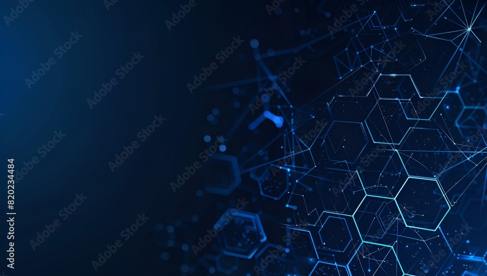 Abstract technology background with a hexagon pattern and connection lines, depicting a digital network concept for science or medical research in the style of a vector illustration on a dark blue col Abstract technology background with a hexagon pattern and connection lines, depicting a digital network concept for science or medical research in the style of a vector illustration on a dark blue col