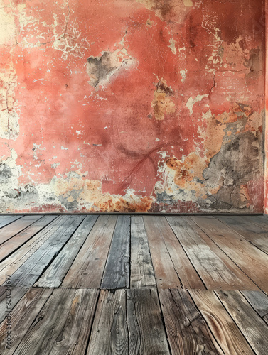 Old rustic wall with peeling paint and wooden floor.
