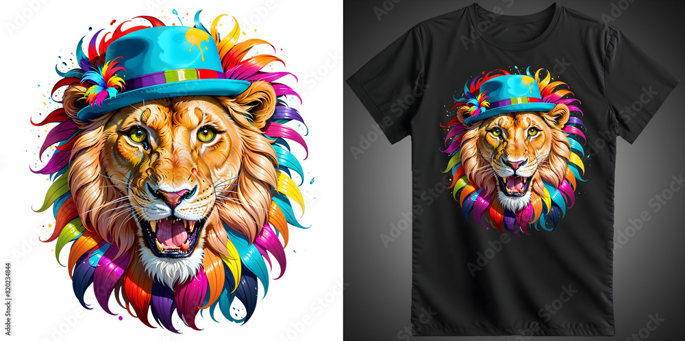 A lion wearing a hat and a colorful t-shirt, looking stylish and confident
